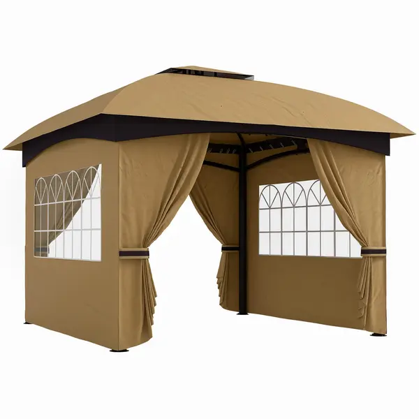 Outsunny Pavilion de Grădină cu Copertină, Perdele, Ferestre și Acoperiș Ventilat, 335x335x285 cm, Bej | Aosom Romania