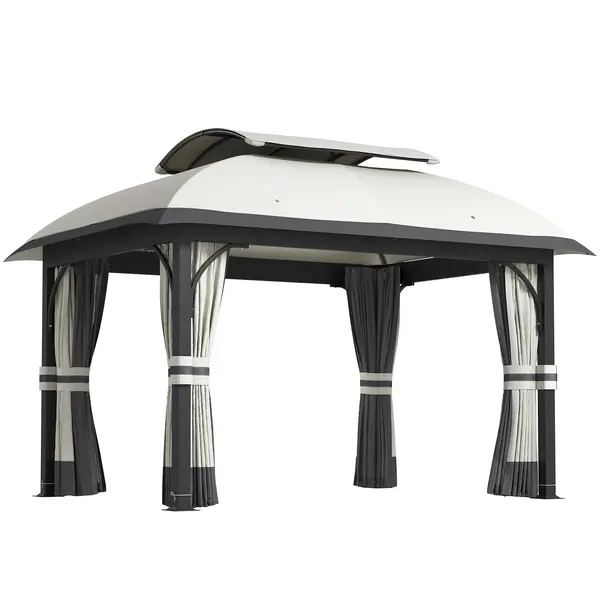 Outsunny Pavilion de Grădină cu Perdele, Plasă, Acoperiș Ventilat și Cadru Metalic Galvanizat, 395x330x294 cm, Gri | Aosom Romania