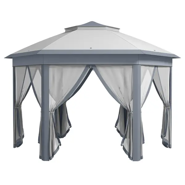 Outsunny Pavilion pliabil 4 x 4m, design hexagonal, perdele din plasă, rezistent la apă, acoperiș ventilat, Gri+Alb | Aosom Romania