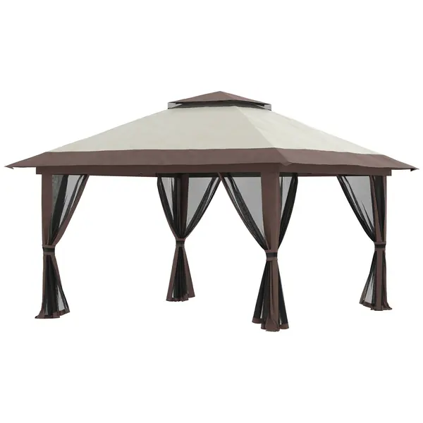 Outsunny Pavilion Pliabil Pop-Up 4x4 m cu Înălțime Reglabilă pe 3 Niveluri, Pavilion de Exterior cu Plasă de Țânțari, Saci de Nisip, Geantă de Transport, UV50+, pentru Grădină, Camping, Petreceri, Bej | Aosom Romania