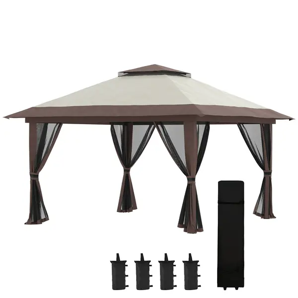 Outsunny Pavilion Pliabil Pop-Up 4x4 m cu Înălțime Reglabilă pe 3 Niveluri, Pavilion de Exterior cu Plasă de Țânțari, Saci de Nisip, Geantă de Transport, UV50+, pentru Grădină, Camping, Petreceri, Bej | Aosom Romania