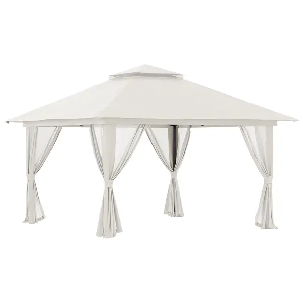 Outsunny Pavilion Pliabil Pop-Up 4x4 m cu Înălțime Reglabilă pe 3 Niveluri, Pavilion Exterior cu Plasă de Țânțari, Saci de Nisip, Geantă de Transport, UV50+, pentru Grădină Camping Petreceri, Crem | Aosom Romania