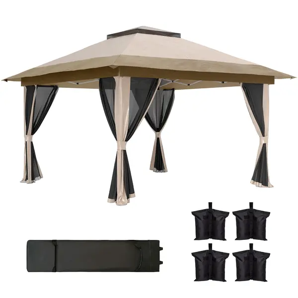 Outsunny Pavilion pliant 3,6x3,6 m cu pereți laterali din plasă UPF50+, înălțime reglabilă, geantă cu roți și saci cu nisip, bej | Aosom Romania