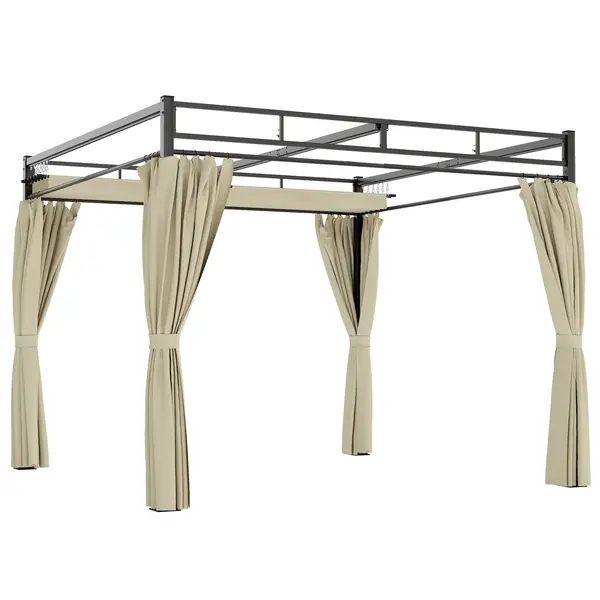 Outsunny Pergolă de Grădină 3x3 m cu Acoperiș Retractabil și Perdele Protecție UV30+ Structură Metalică pentru Patio Terasă Bej | Aosom Romania