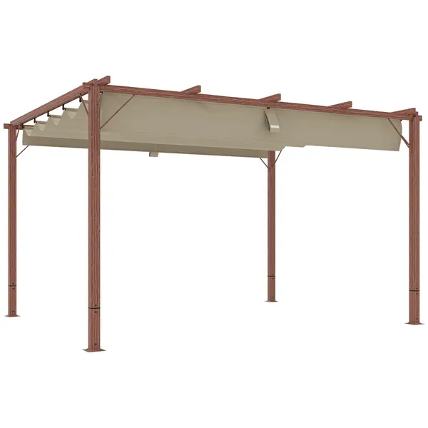 Outsunny Pergolă de Grădină cu Acoperiș Retractabil și Cadru din Aluminiu cu Aspect de Lemn, 382x300x232 cm, Lemn Natural | Aosom Romania