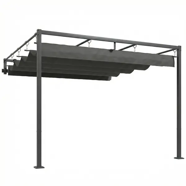 Outsunny Pergolă montată 3x3 m cu acoperiș retractabil glisant, guri de drenaj, pergolă de grădină din poliester și oțel, pentru terasă, curte, exterior, UV30+, Gri Închis | Aosom Romania