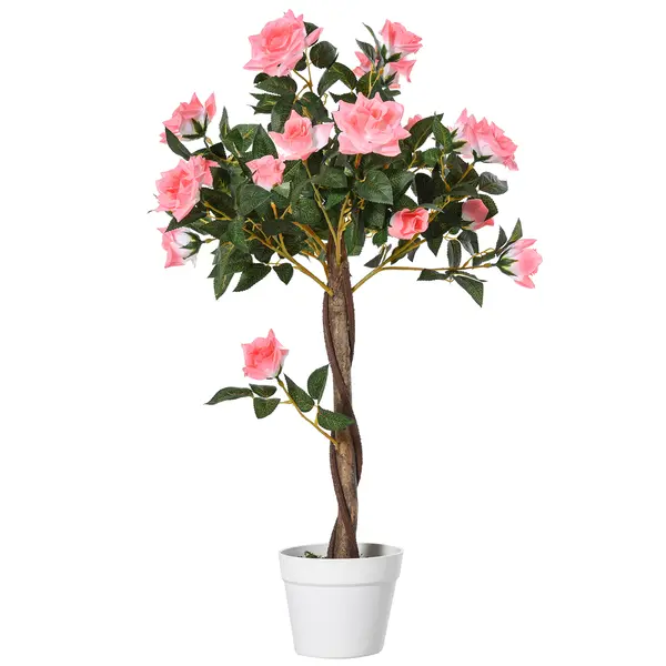 Outsunny Plantă Artificială de Trandafiri cu 21 de Flori, Ghiveci Umplut cu Ciment și Mușchi, Ø18x90 cm, Roz | Aosom Romania