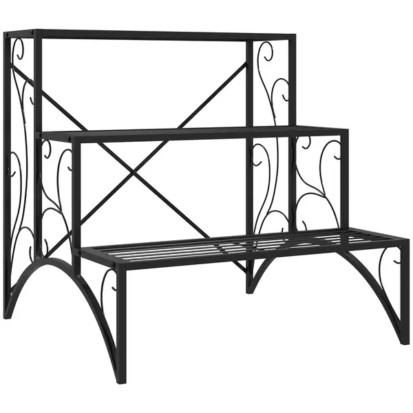 Outsunny Raft pentru Plante cu 3 Niveluri din metal, 60x60x60 cm, Negru | Aosom Romania