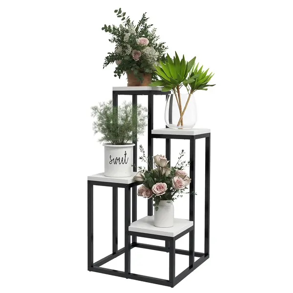 Outsunny Raft pentru plante raft pentru flori din metal și lemn, 4 nivele de înălțimi diferite, stil industrial, 34 x 34 x 66 cm | Aosom Romania