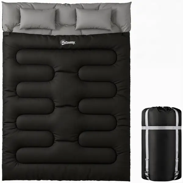 Outsunny Sac de dormit dublu pentru 2 persoane cu 2 perne, 2 sezoane pentru outdoor, camping, trekking, călătorii Negru | Aosom Romania