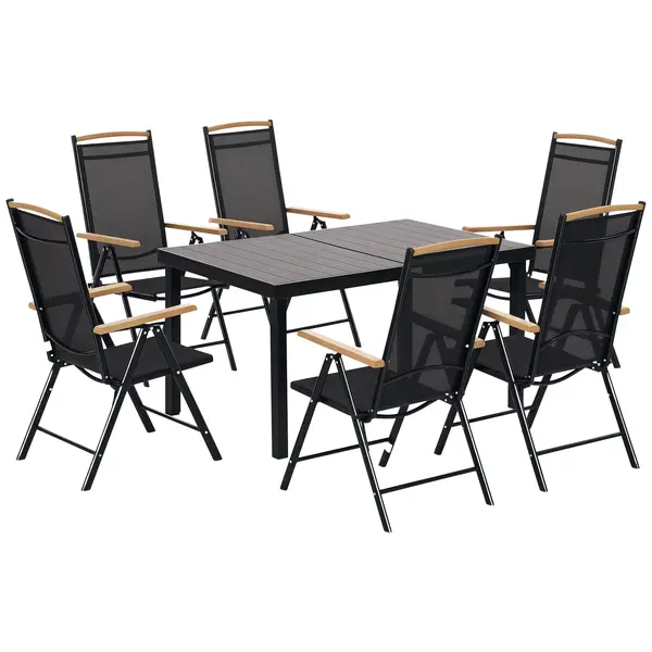Outsunny Salon de grădină exterioară 6 persoane, cadru din aluminiu, masă 140 cm, 6 scaune pliabile și înclinabile, negru | Aosom Romania