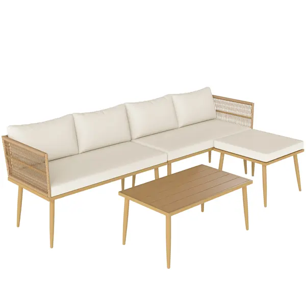 Outsunny Salon de grădină exterior din rășină impletită 5 locuri modular 2 canapele, pouf și masă de cafea, perne incluse, crem | Aosom Romania