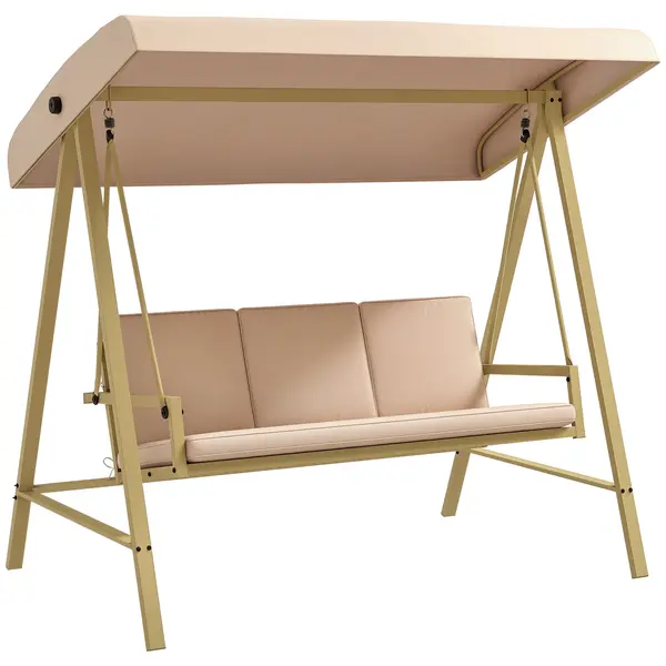 Outsunny Scaun Balansoar de Grădină cu 3 Locuri, Bancă cu Copertină Reglabilă, Perne Detașabile și Cadru din Oțel, 200x125x175 cm, Bej | Aosom Romania