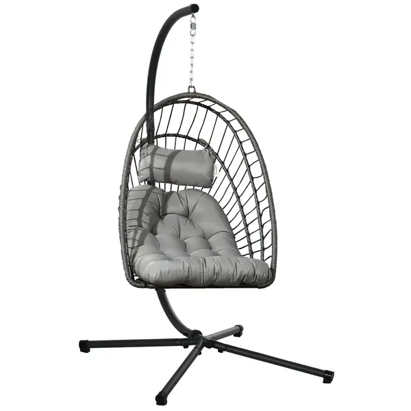 Outsunny Scaun Balansoar pentru Exterior cu Pernă Căptușită, Scaun Suspendat cu Coș Pliabil și Suport Metalic, 100x131x194 cm, Gri | Aosom Romania