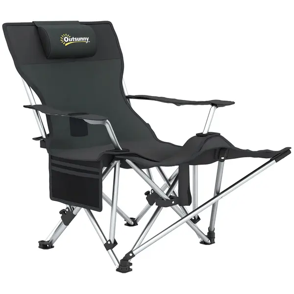 Outsunny Scaun de Camping Pliabil și Rabatabil cu Suport pentru Picioare Detașabil și Tetieră, 82x50/100x88 cm, Negru | Aosom Romania