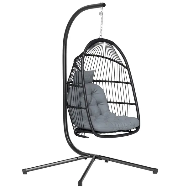 Outsunny Scaun Suspendat tip Ou cu Suport cu Coș Pliabil Pernă și Tetieră pentru Interior și Exterior Sarcină 150 kg Gri | Aosom Romania