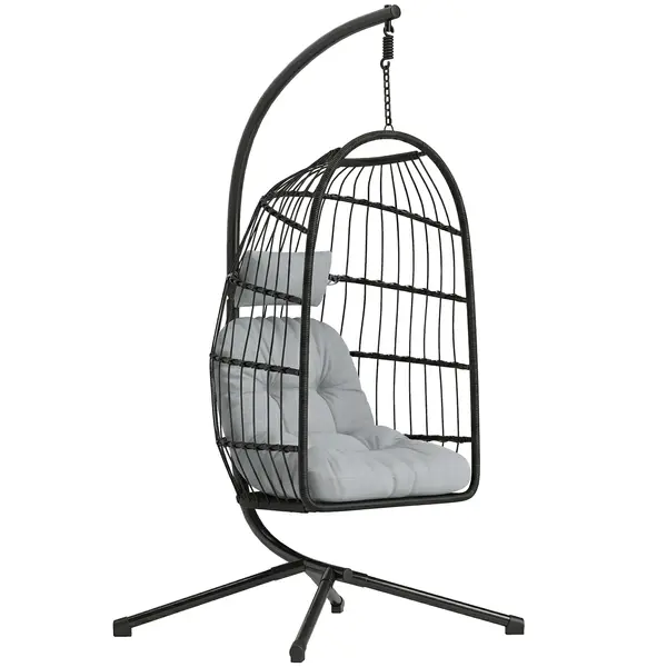 Outsunny Scaun Suspendat Tip Ou, Leagăn pentru Exterior cu Suport și Centură de Siguranță, Negru/Gri Deschis | Aosom Romania