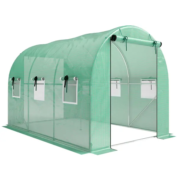 Outsunny Seră 3 x 2 x 2 m din folie cu ușă rulantă, 2 uși cu fermoar & 6 ferestre cu plasă, tije de susținere, Verde | Aosom Romania