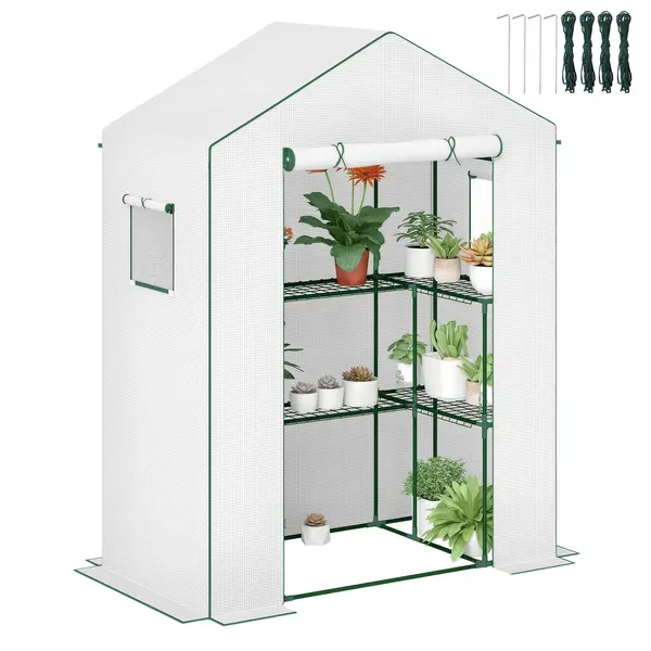 Outsunny Seră de grădină cu 1 ușă, 2 ferestre și 2 rafturi în formă de U pentru legume, plante, flori, copertină PE 140x73x190 cm | Aosom Romania