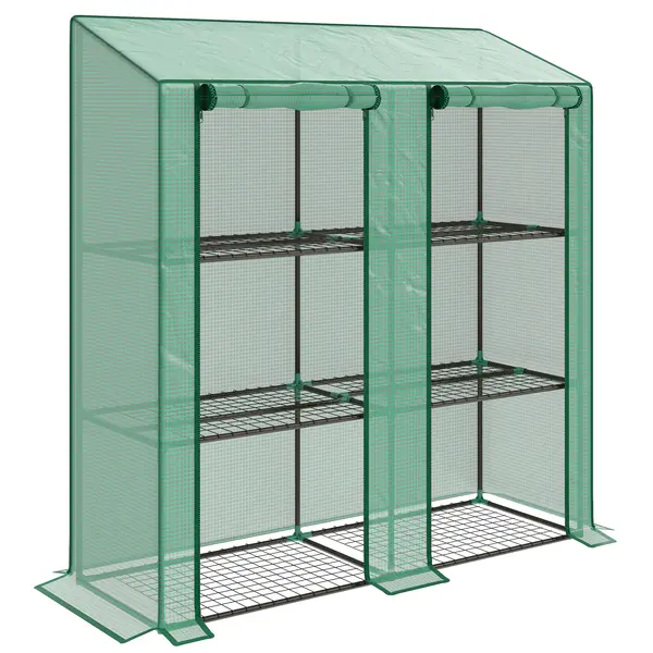Outsunny Seră de Grădină cu Copertină din PE, Seră cu Acoperiș Înclinat, 2 Uși Rulante și 6 Rafturi, 143x46x151cm, Verde | Aosom Romania
