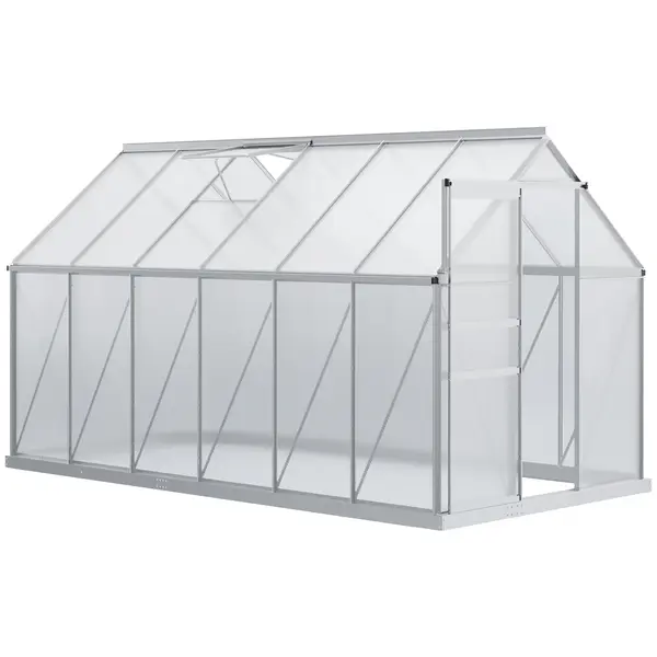 Outsunny Seră de Grădină din Policarbonat 7,1 m² dim. 1,9L x 3,75l x 1,99 m cu Fundație, Fereastră de Ventilație Reglabilă, Ușă Glisantă - Argintiu și Transparent | Aosom Romania