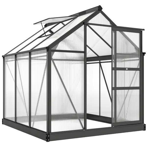 Outsunny Seră de Grădină, Seră din Policarbonat și Aluminiu cu Ușă Culisantă, Ventilație pe Acoperiș și Jgheab, 190x192x201 cm, Gri