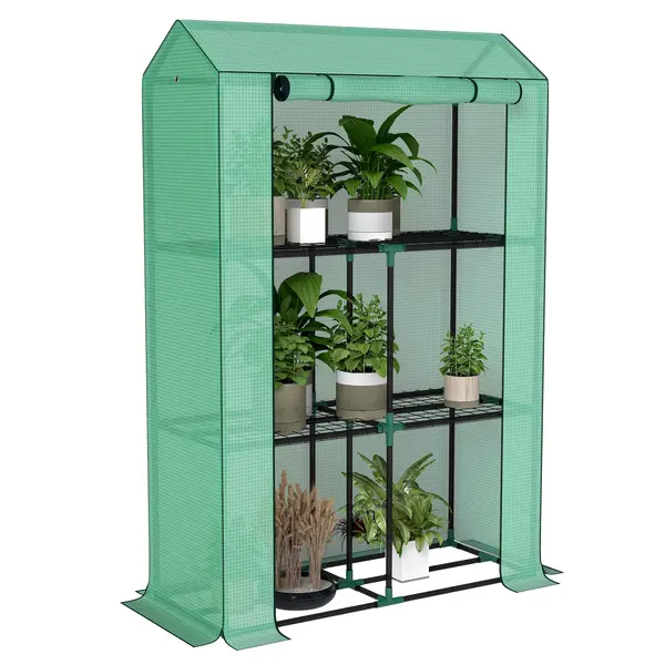 Outsunny Sera Mini cu 3 Niveluri, Copertină din PE cu Armătură și Ușă Rulabilă, 100x40x150 cm, Verde | Aosom Romania