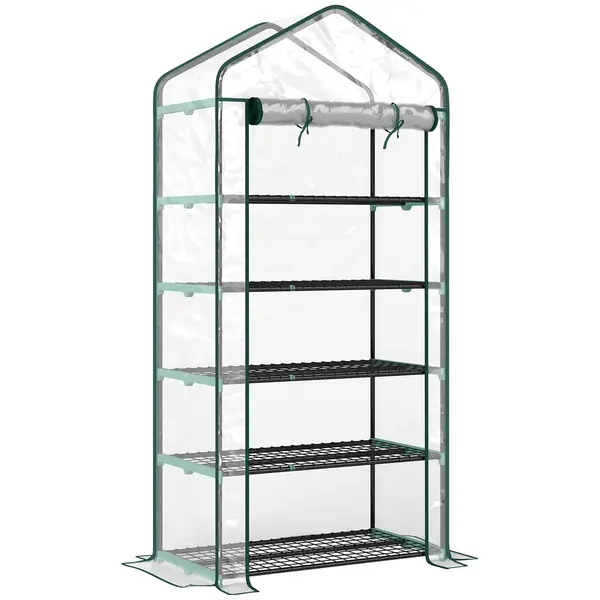 Outsunny Seră tip căsuță cu 5 niveluri, cu ușă rulabilă, din oțel și polietilenă, 90x49x193 cm, transparentă | Aosom Romania