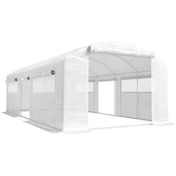 Outsunny Seră tunel 6x3x2 m cu 3 uși rulou, 6 ferestre cu plasă și structură din oțel galvanizat, alb | Aosom Romania