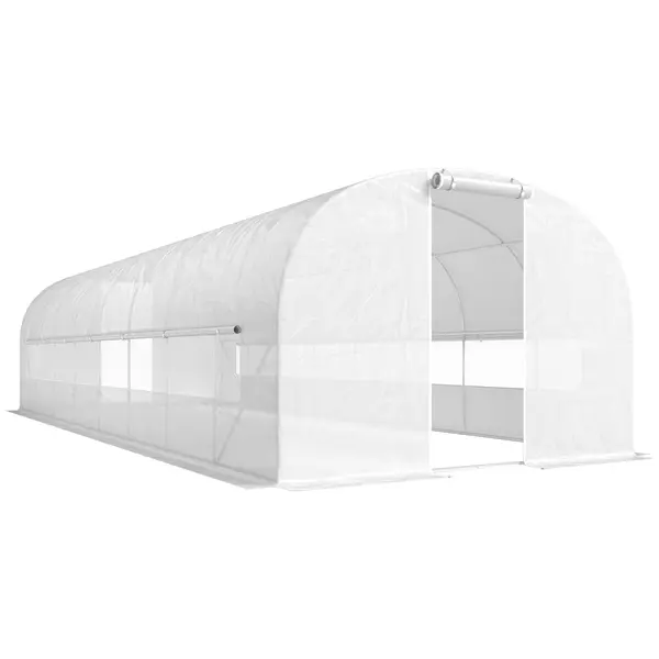 Outsunny Seră tunel de grădină 24 m², seră tunel cu cadru din oțel galvanizat, uși și 2 ferestre mari, alb | Aosom Romania