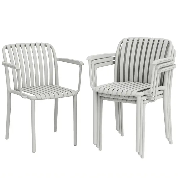 Outsunny Set 4 Scaune de Grădină Stackabile din Polipropilenă Anti-UV, Design Lamelar cu Cotiere, pentru Terasă Balcon Exterior Interior, Gri | Aosom Romania