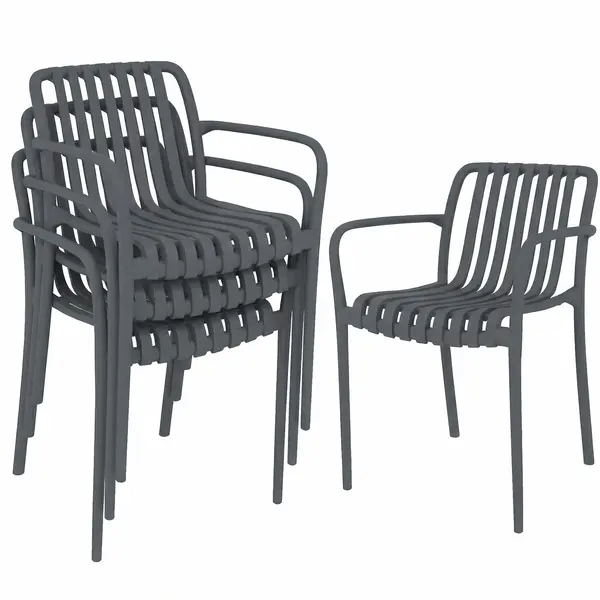 Outsunny Set 4 scaune pentru grădină Scaune stivuibile pentru terasă cu design cu lamele și cotiere, ergonomice Gri închis | Aosom Romania
