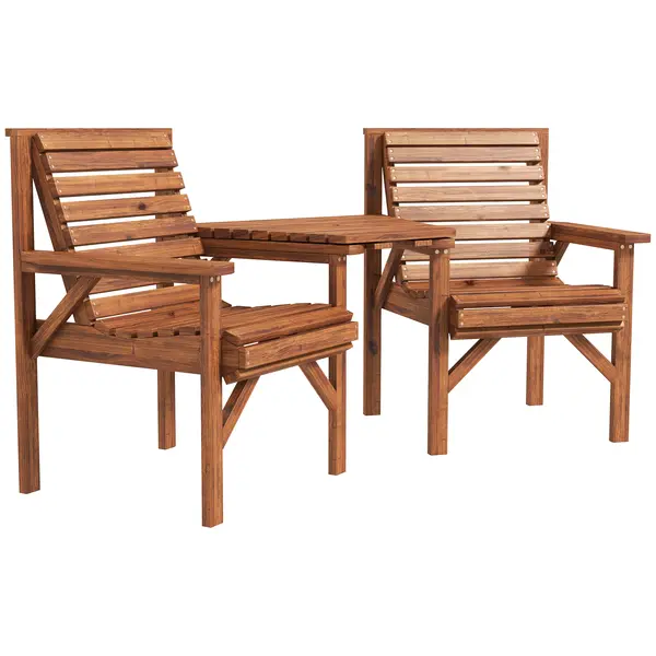 Outsunny Set bistro 3 piese din lemn rezistent la intemperii, set mobilier grădină cu design lamelar și orificiu pentru umbrelă, Carbonizat | Aosom Romania