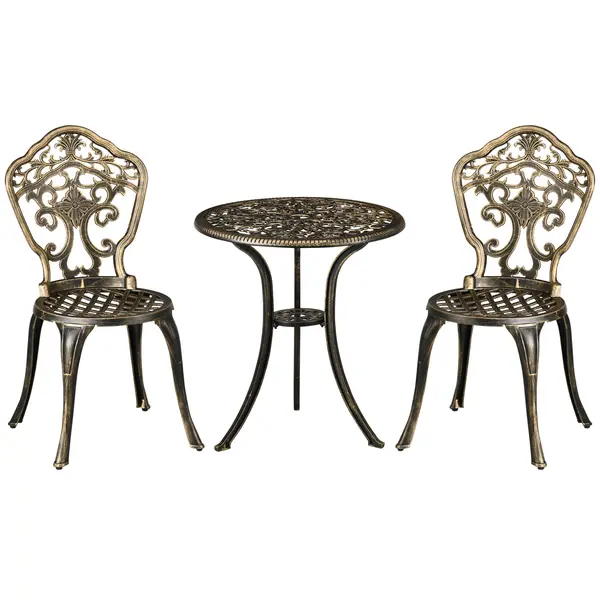 Outsunny Set Bistrò de Grădină 3 Piese cu 2 Scaune de Grădină și Masă Rotundă cu Orificiu pentru Umbrelă, Set Masă și Scaune de Grădină din Aluminiu, pentru Terasă, Curte, Exterior, Bronz | Aosom Romania