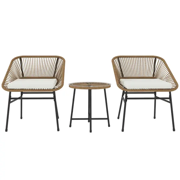 Outsunny Set Bistro din 3 Piese cu Măsuță de Cafea cu Blat de Sticlă și 2 Scaune, Φ45x46 cm, Natural | Aosom Romania