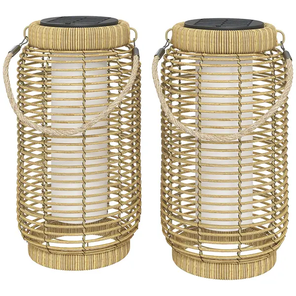 Outsunny Set de 2 Lampadare Exterioare Solare din Rășină Împletită, Lumină LED de Grădină din Oțel, Pornire/Oprire Automată Bej nisip | Aosom Romania