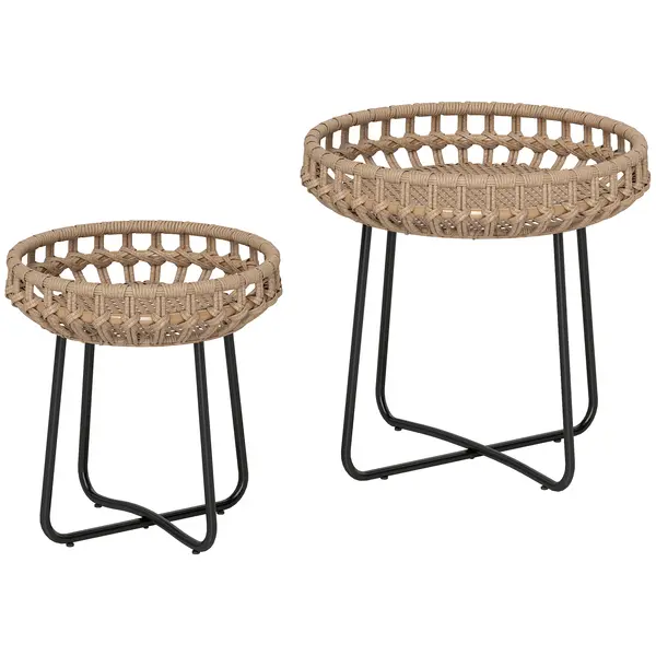 Outsunny Set de 2 mese de cafea din poliratan Ø60/41 cm rotunde rezistente la intemperii, masă de grădină cu picioare X reglabile, maro | Aosom Romania