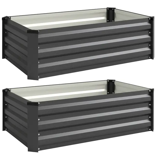 Outsunny Set de 2 Paturi Galvanizate Inaltate pentru Gradina, Cutie de Plantare Inaltata pentru Exterior, Usor de Asamblat, pentru Cultivarea Florilor