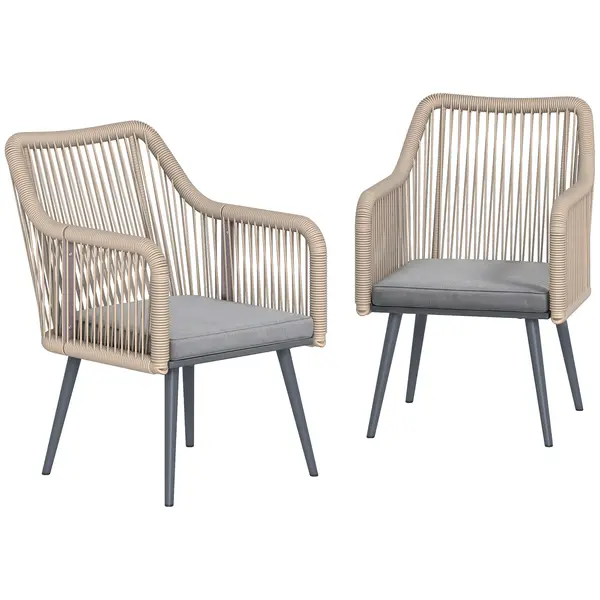 Outsunny Set de 2 scaune de grădină pentru exterior din ratan cu perne, cotiere și cadru din oțel pentru terasă 54x65x80 cm gri | Aosom Romania