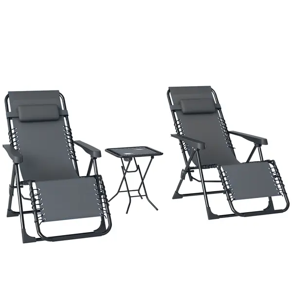 Outsunny Set de 2 Șezlonguri de Grădină cu Gravitație Zero și Măsuță cu Suport pentru Pahare, 47x47x54 cm, Gri | Aosom Romania
