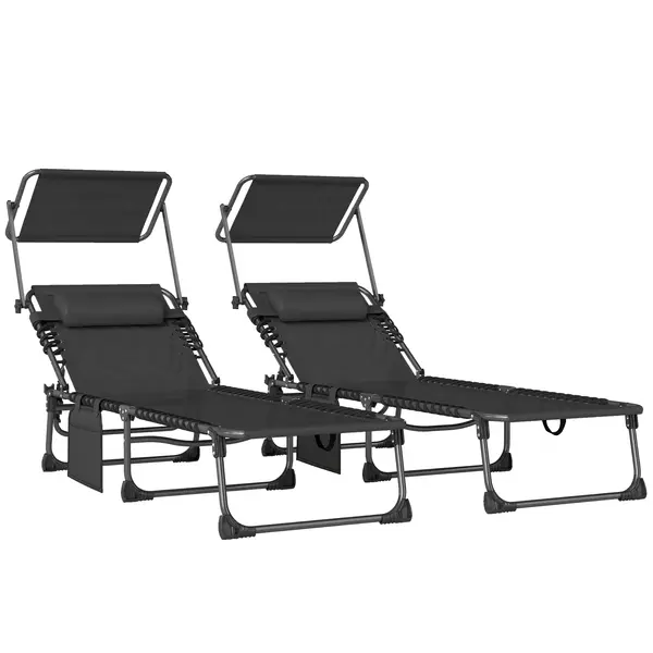 Outsunny Set de 2 șezlonguri pliabile cu suport pentru cap parasolar buzunar lateral și spătar reglabil în 5 poziții negru | Aosom Romania