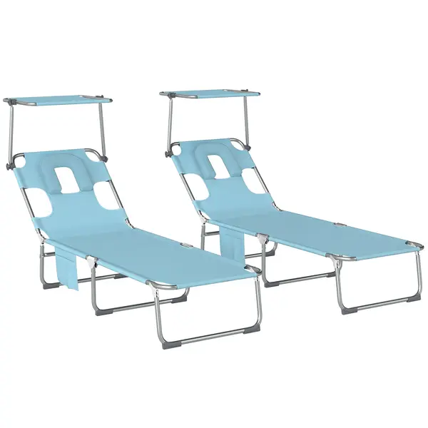 Outsunny Set de 2 Șezlonguri Pliabile Reclinabile cu Copertină 360°, Orificiu Facial, Buzunar Lateral și Textilene 550 g/m², Albastru | Aosom Romania