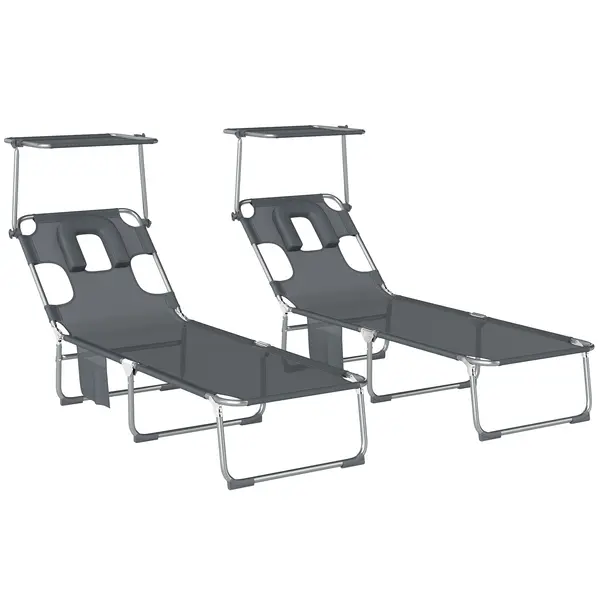 Outsunny Set de 2 șezlonguri pliante reclinabile cu copertină 360°, orificiu facial, buzunar lateral și Textilene 550 g/m² Gri | Aosom Romania