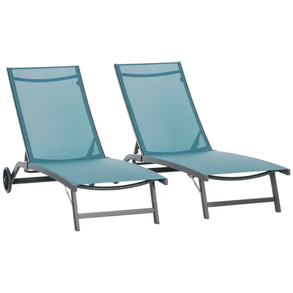 Outsunny Set de 2 Șezlonguri Rabatabile pe 5 Niveluri, Șezlonguri din Aluminiu și Țesătură Respirabilă, 66x165x102 cm, Albastru | Aosom Romania