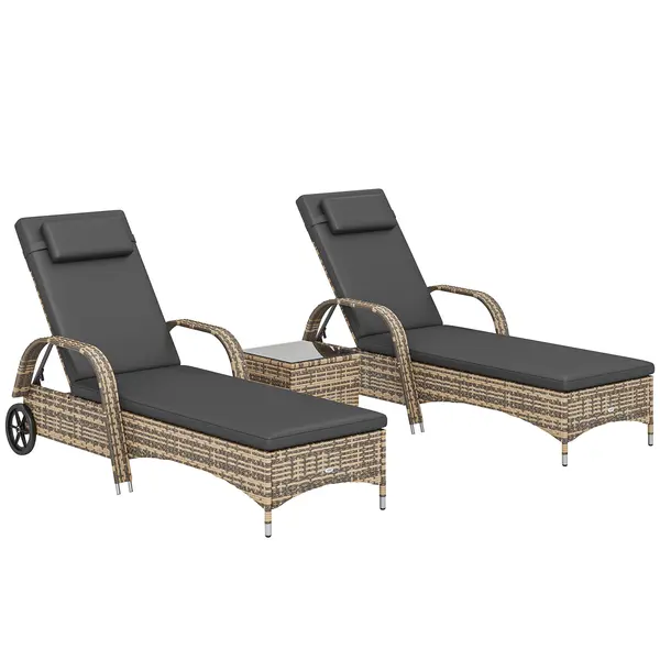 Outsunny Set de 2 șezlonguri : saltea, tetieră, înclinare reglabilă, roți + măsuță de cafea cu sticlă securizată gri închis | Aosom Romania