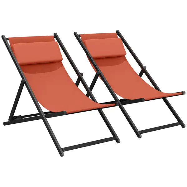Outsunny Set de 2 șezlonguri, șezlong pliabil cu tetieră din textilene reglabil 60 x 100 x 85 cm, roșu cărămiziu | Aosom Romania
