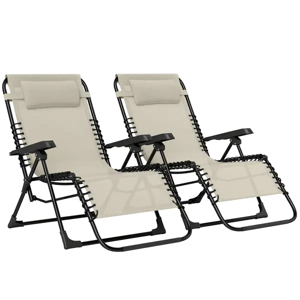 Outsunny Set de 2 șezlonguri, șezlong pliant reglabil cu tetieră din textilenă, 90 x 65 x 112 cm, bej | Aosom Romania