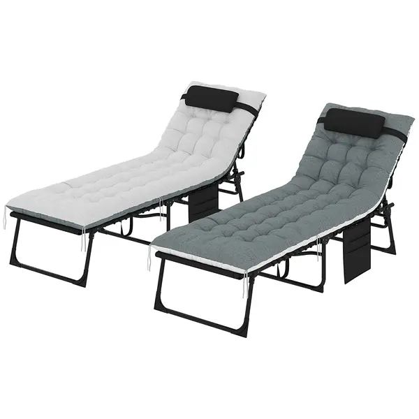 Outsunny Set de 2 șezlonguri, șezlong pliant și reglabil, pernă, tetieră, buzunar lateral, 60x190x31cm, gri | Aosom Romania