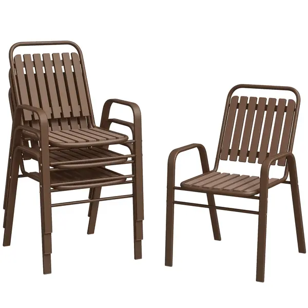 Outsunny Set de 4 Scaune de Grădină Stivuibile cu Spătar Înalt și Brațe, 56x66x91 cm, Maro Închis | Aosom Romania