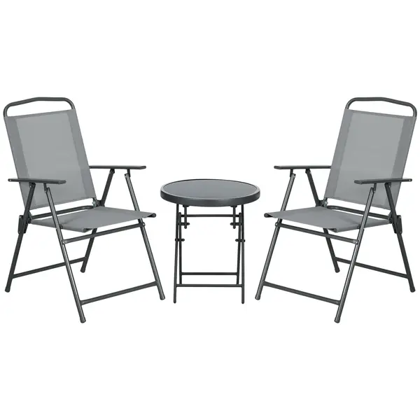 Outsunny Set de Exterior din 3 Piese cu Masă cu Blat din Sticlă și 2 Scaune Pliabile din Plasă, Ф45x50 cm, Gri Deschis | Aosom Romania